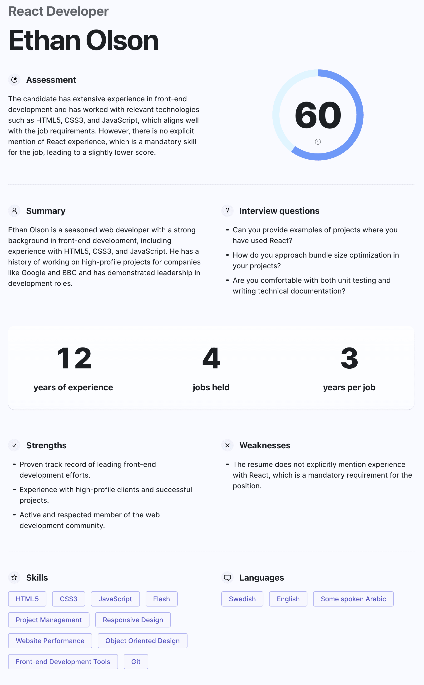 Detailed assessment of each candidate.